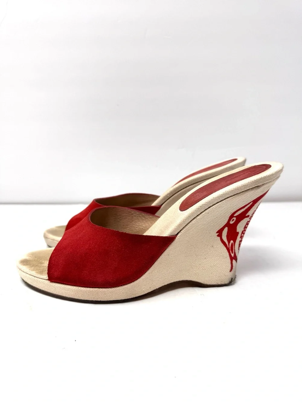 DKNY red suede peep toe wedges, made in Italy, size 9
